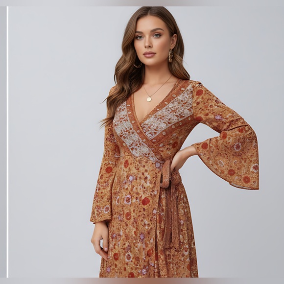 Boho Floral Print Bell Sleeve Tie Front Wrap Dress - Picture 8 of 13